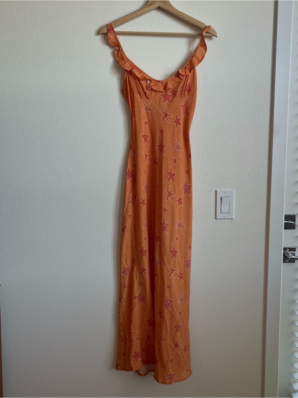 VRG GRL Orange Starfish Print Ruffled Slip Dress